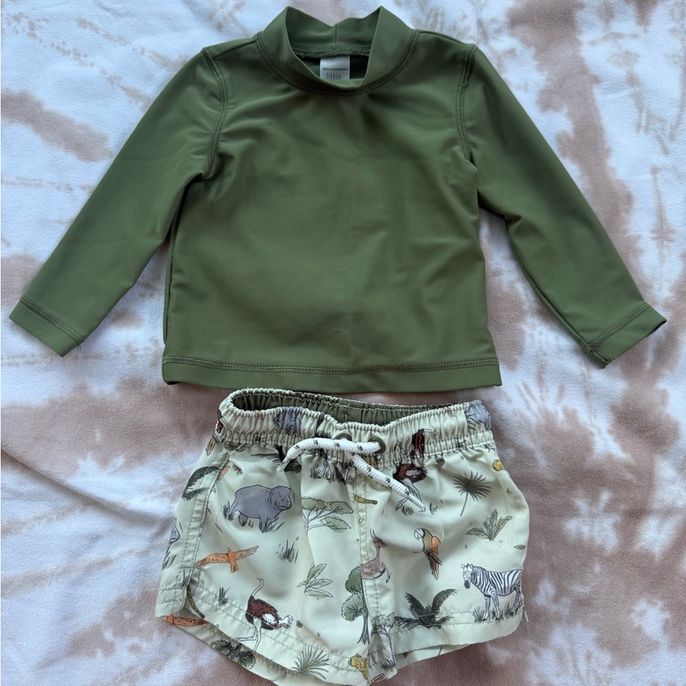 6M Green Animal Print Trunks and Rashguard
